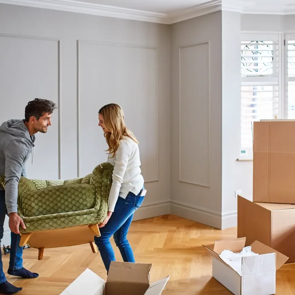 Couple moving furniture in new home.